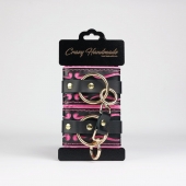 Черные кожаные наручники с розовой строчкой - Crazy Handmade - купить с доставкой в Энгельсе