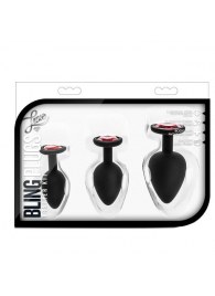 Набор черных анальных пробок с красным кристаллом-сердечком Bling Plugs Training Kit - Blush Novelties - купить с доставкой в Энгельсе