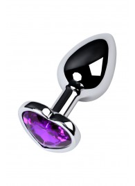 Серебристая коническая анальная пробка с фиолетовым кристаллом-сердечком - 7 см. - ToyFa - купить с доставкой в Энгельсе