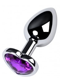 Серебристая коническая анальная пробка с фиолетовым кристаллом-сердечком - 7 см. - ToyFa - купить с доставкой в Энгельсе