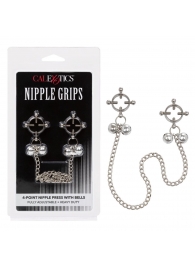 Металлические зажимы для сосков на цепочке Nipple Grips 4-Point Nipple Press with Bells - California Exotic Novelties - купить с доставкой в Энгельсе