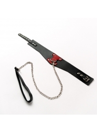 Черный широкий ошейник с красным декором и поводком - Crazy Handmade - купить с доставкой в Энгельсе