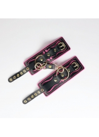 Черные кожаные наручники с розовой строчкой - Crazy Handmade - купить с доставкой в Энгельсе