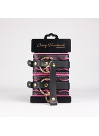 Черные кожаные оковы с розовой строчкой - Crazy Handmade - купить с доставкой в Энгельсе