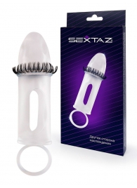 Закрытая насадка на пенис с подхватом мошонки и стимулирующими «ресничками» - Sextaz - в Энгельсе купить с доставкой