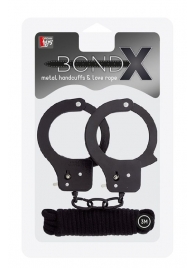 Чёрные наручники из листового металла в комплекте с веревкой BONDX METAL CUFFS LOVE ROPE SET - Dream Toys - купить с доставкой в Энгельсе