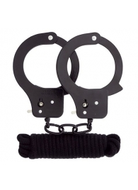 Чёрные наручники из листового металла в комплекте с веревкой BONDX METAL CUFFS LOVE ROPE SET - Dream Toys - купить с доставкой в Энгельсе