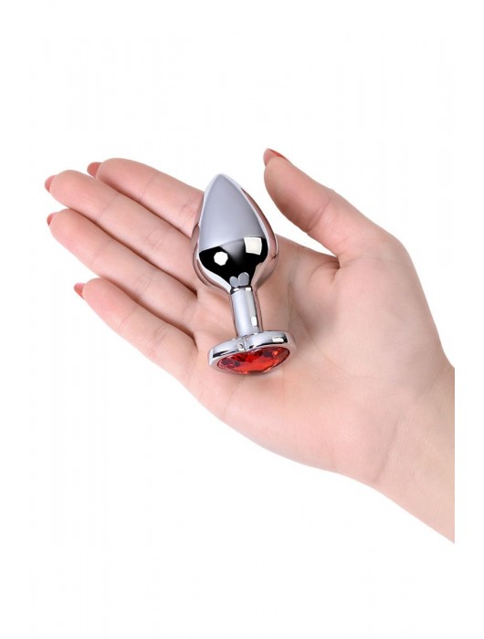 Серебристая коническая анальная пробка с красным кристаллом-сердечком - 7 см. - ToyFa - купить с доставкой в Энгельсе