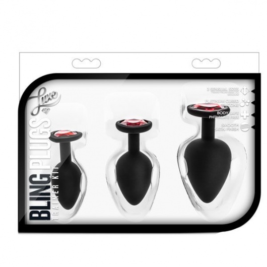 Набор черных анальных пробок с красным кристаллом-сердечком Bling Plugs Training Kit - Blush Novelties - купить с доставкой в Энгельсе