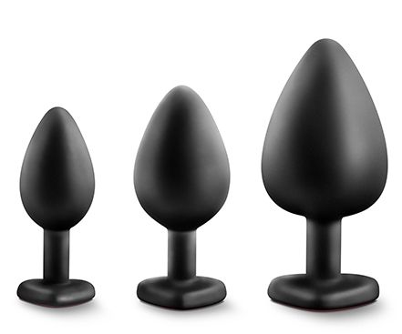Набор черных анальных пробок с красным кристаллом-сердечком Bling Plugs Training Kit - Blush Novelties - купить с доставкой в Энгельсе