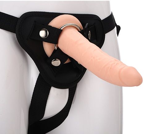 Телесный страпон на черных трусиках STRAP ON REAL DILDO - 20 см. - Dream Toys - купить с доставкой в Энгельсе