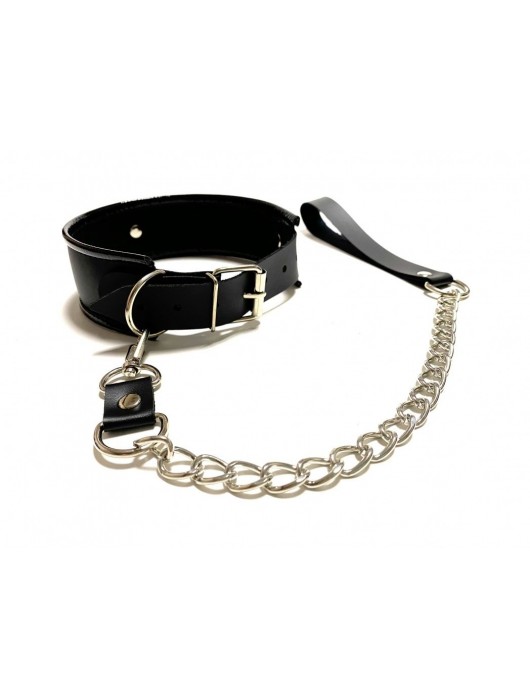 Черный ошейник с поводком из эко-кожи - БДСМ Арсенал - купить с доставкой в Энгельсе