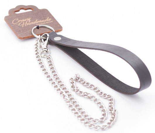 Серебристый металлический поводок с кожаной черной ручкой - 80 см. - Crazy Handmade - купить с доставкой в Энгельсе