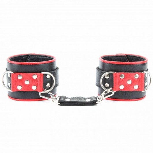 Широкие черные наручники с красным декором - БДСМ Арсенал - купить с доставкой в Энгельсе