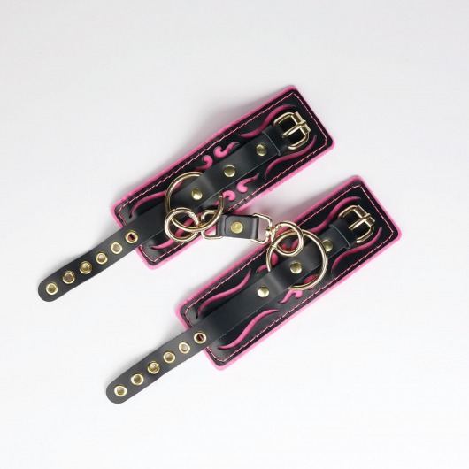 Черные кожаные наручники с розовой строчкой - Crazy Handmade - купить с доставкой в Энгельсе
