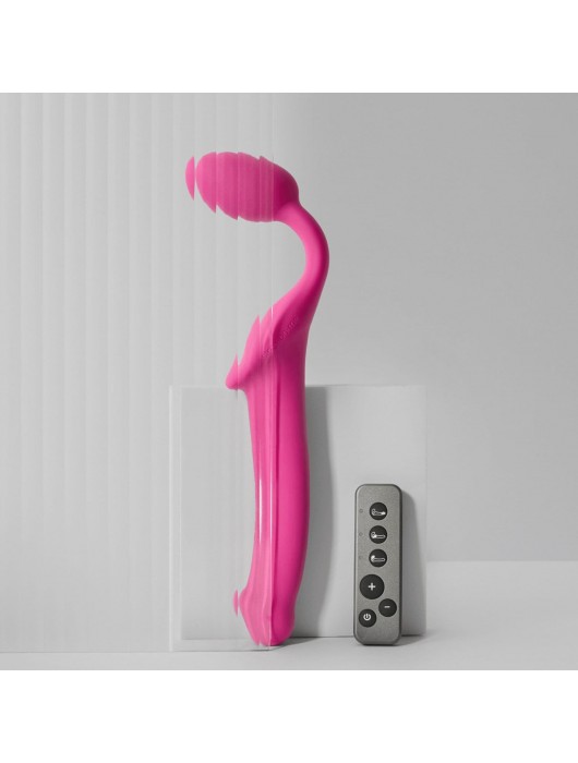 Ярко-розовый безремневой страпон Strap-on-me Vibrating Bendable Strap-On size L - Strap-on-me - купить с доставкой в Энгельсе