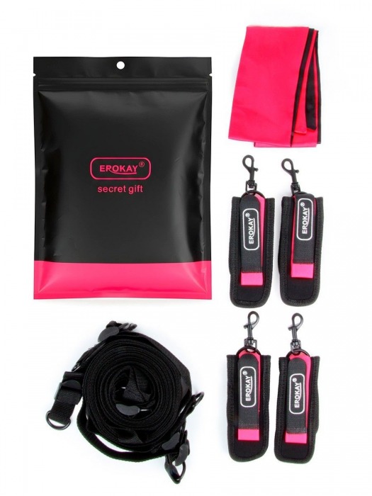 Черно-розовый эротический набор: фиксатор, оковы, наручники, повязка - Erokay - купить с доставкой в Энгельсе