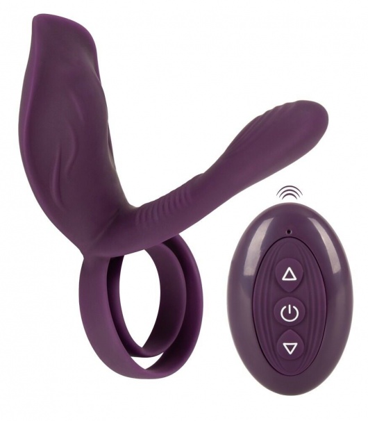 Фиолетовая насадка на член с клиторальным отростком и пультом ДУ RC Couple’s Vibrator 2 - Orion - в Энгельсе купить с доставкой