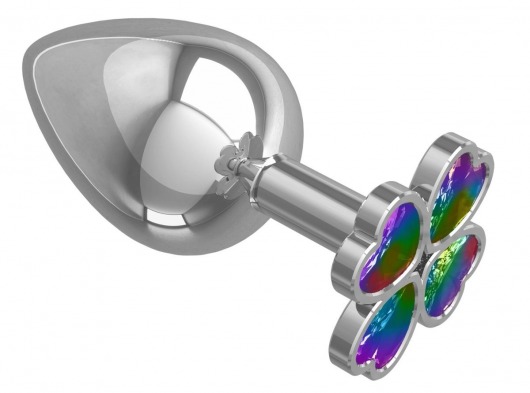 Серебристая анальная пробка-клевер с радужным кристаллом - 9,5 см. - Джага-Джага - купить с доставкой в Энгельсе