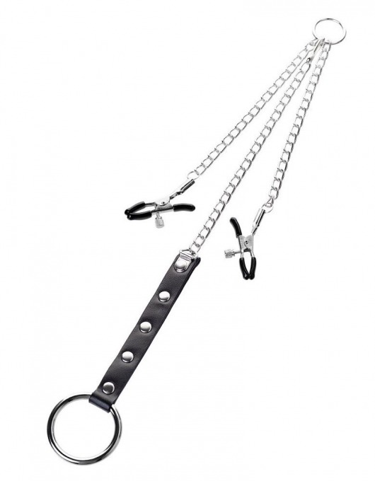 Серебристо-чёрные зажимы для сосков с кольцом для пениса TOYFA Metal - ToyFa - купить с доставкой в Энгельсе